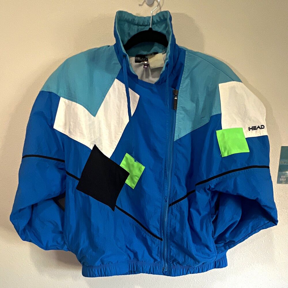 HEAD Sportswear Men’s Full Zip Stand-Up Collar Lined Windbreaker Blue S 80s 90s